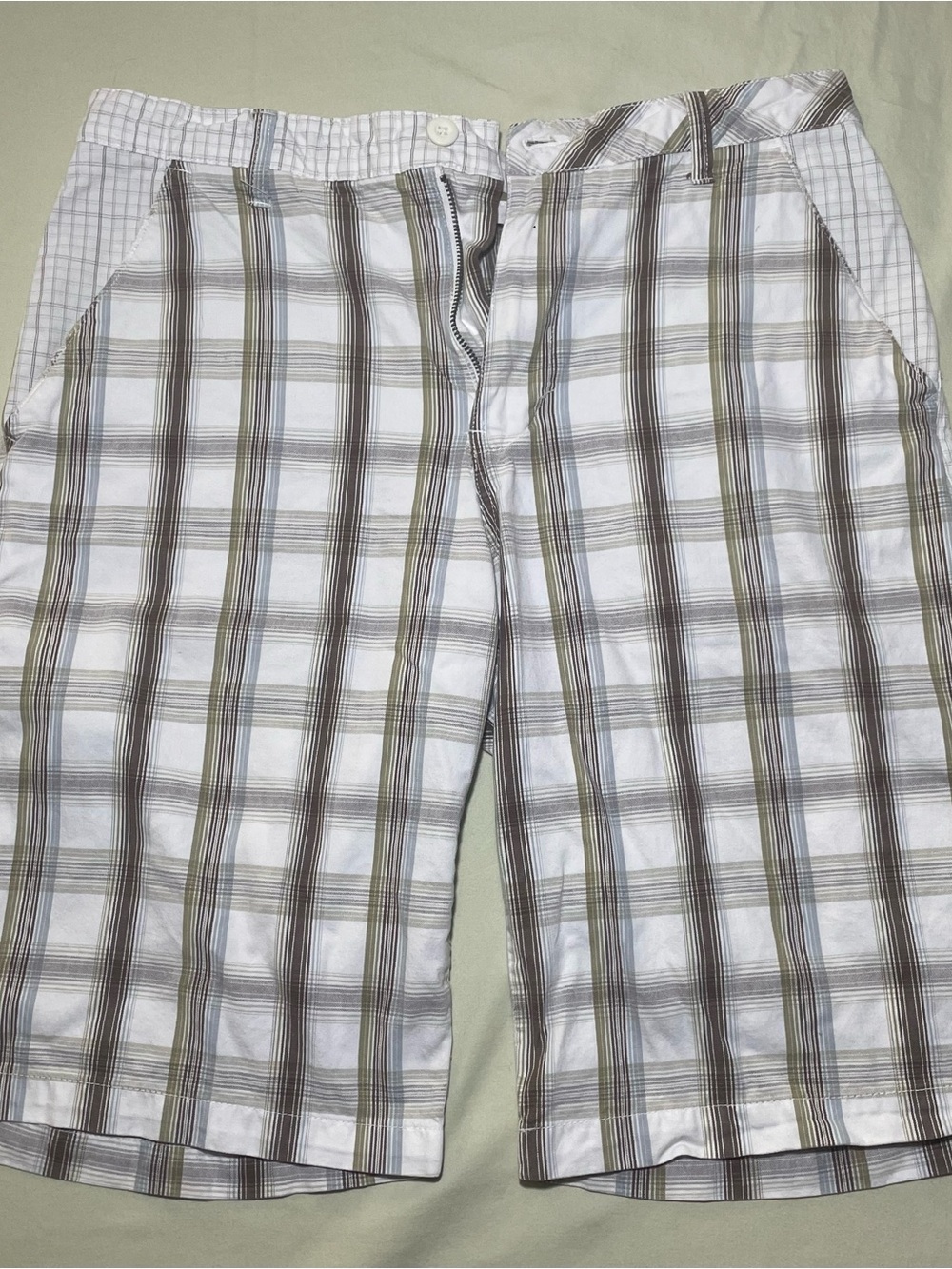 Kirra Mens Plaid Shorts White Blue Grey Cotton Size 34 Y2K Surf 12 In Inseam